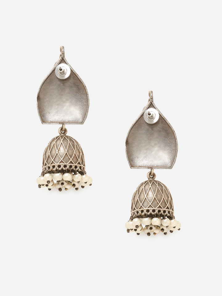 Priyaasi Silver Plated Green Oxidized Pearl Jhumka Earrings