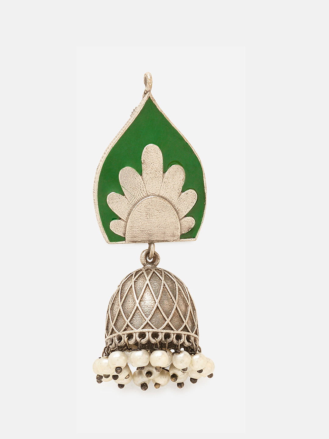 Priyaasi Silver Plated Green Oxidized Pearl Jhumka Earrings