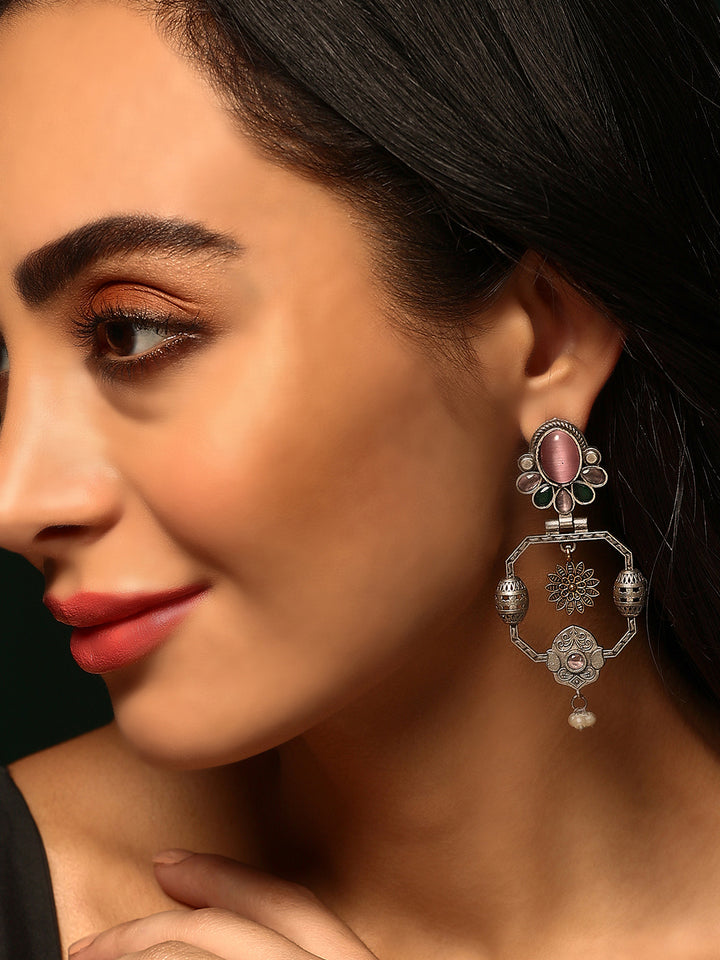 Priyaasi Silver Plated Pink Oxidized Crystal Drop Earrings