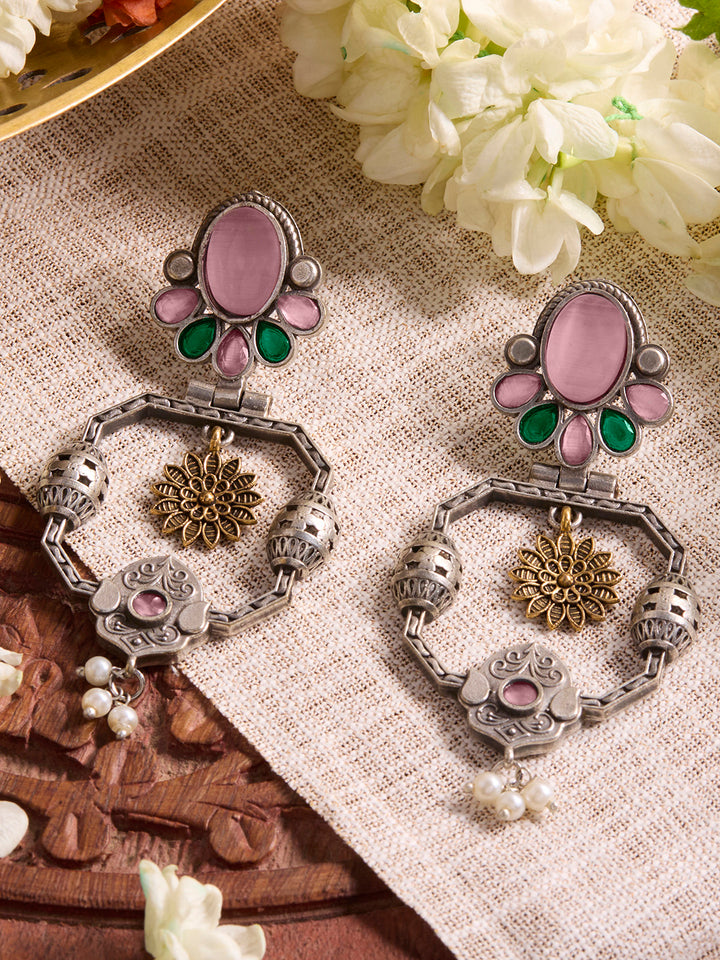 Priyaasi Silver Plated Pink Oxidized Crystal Drop Earrings