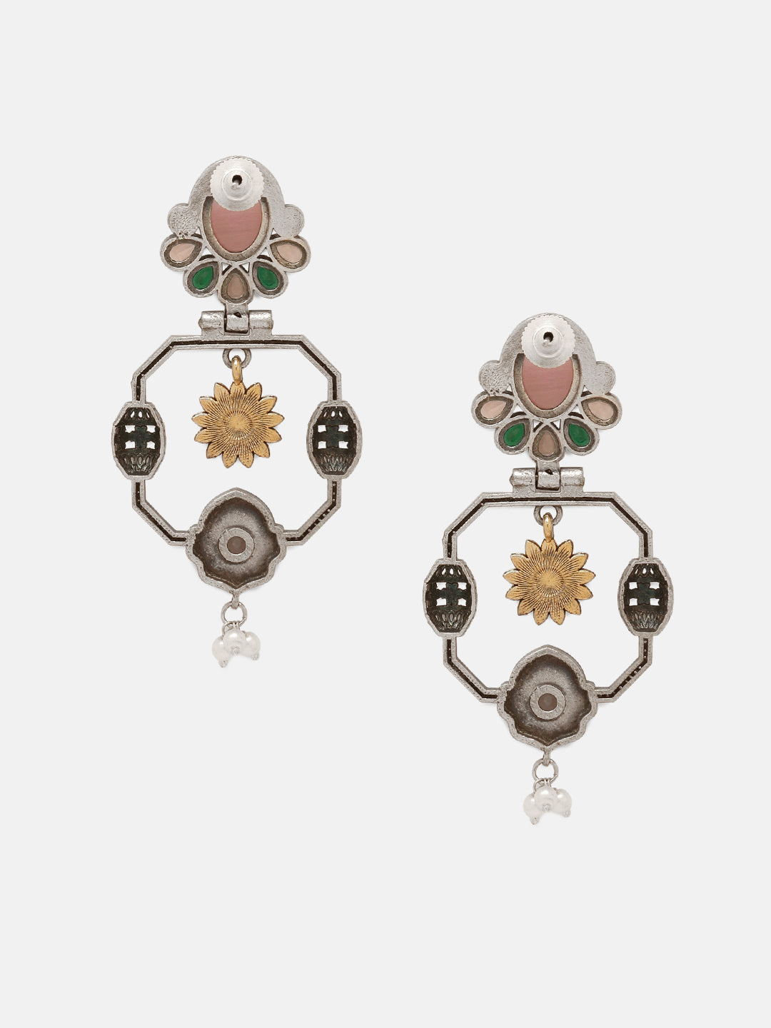 Priyaasi Silver Plated Pink Oxidized Crystal Drop Earrings