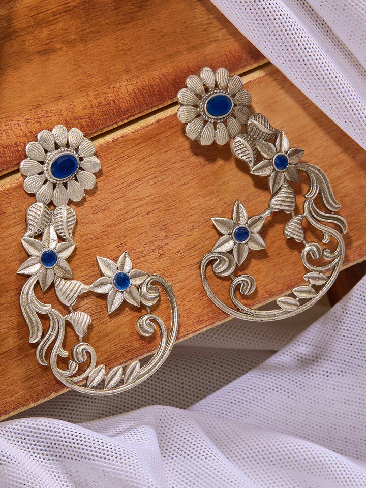 Priyaasi Silver Plated Blue Floral Oxidized Drop Earrings