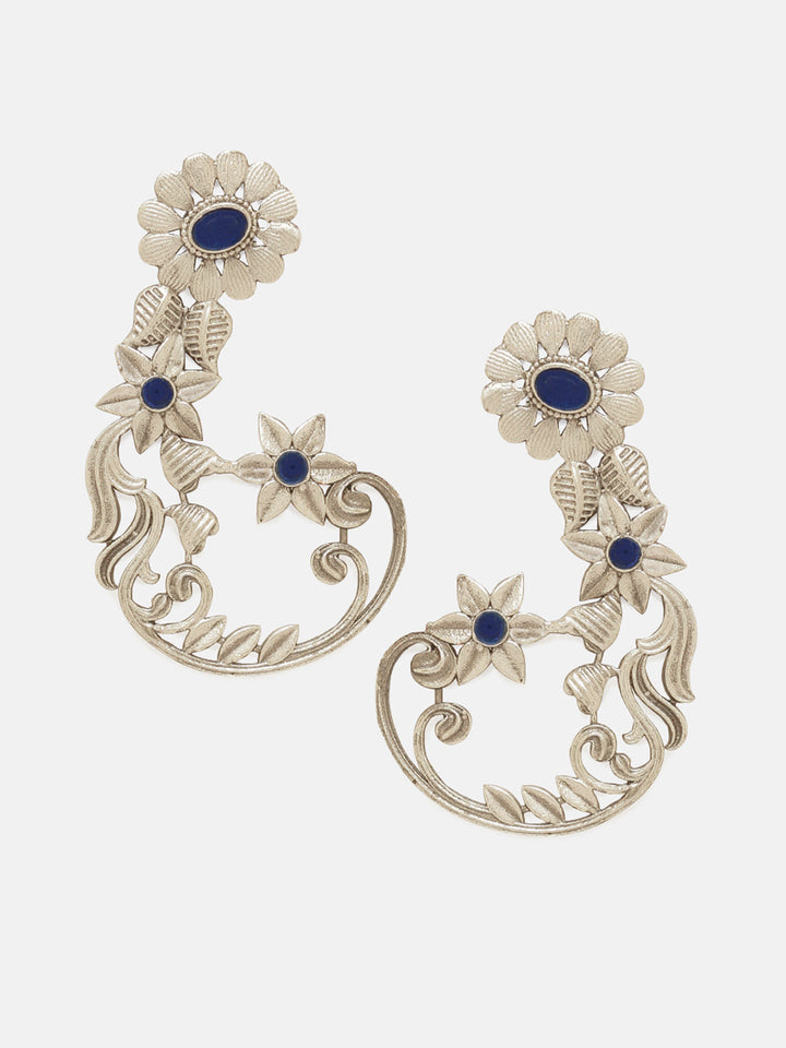 Priyaasi Silver Plated Blue Floral Oxidized Drop Earrings