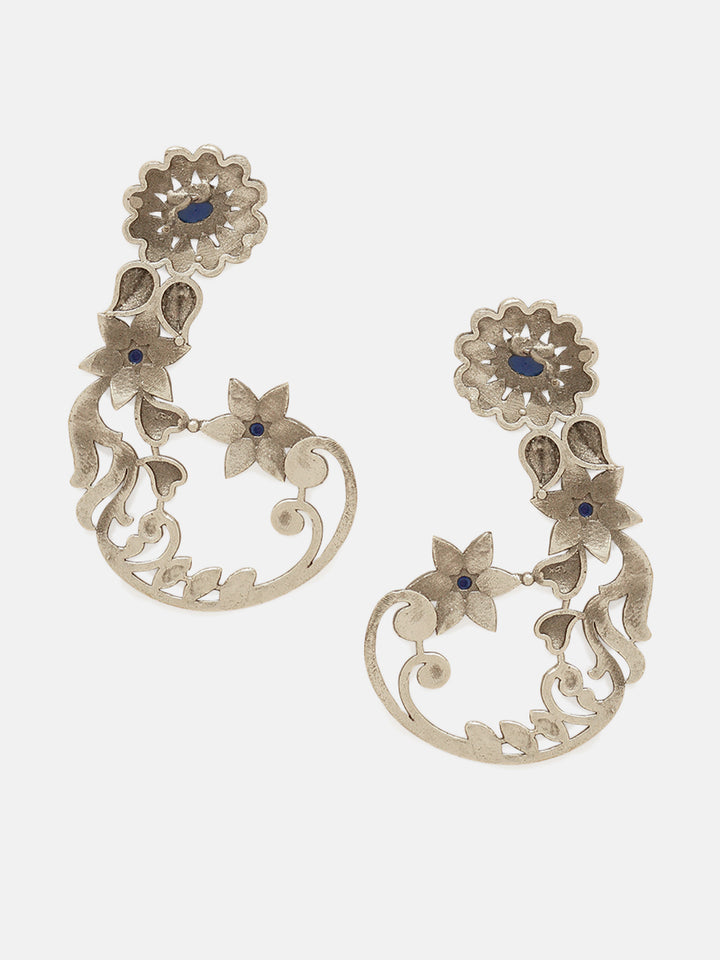 Priyaasi Silver Plated Blue Floral Oxidized Drop Earrings