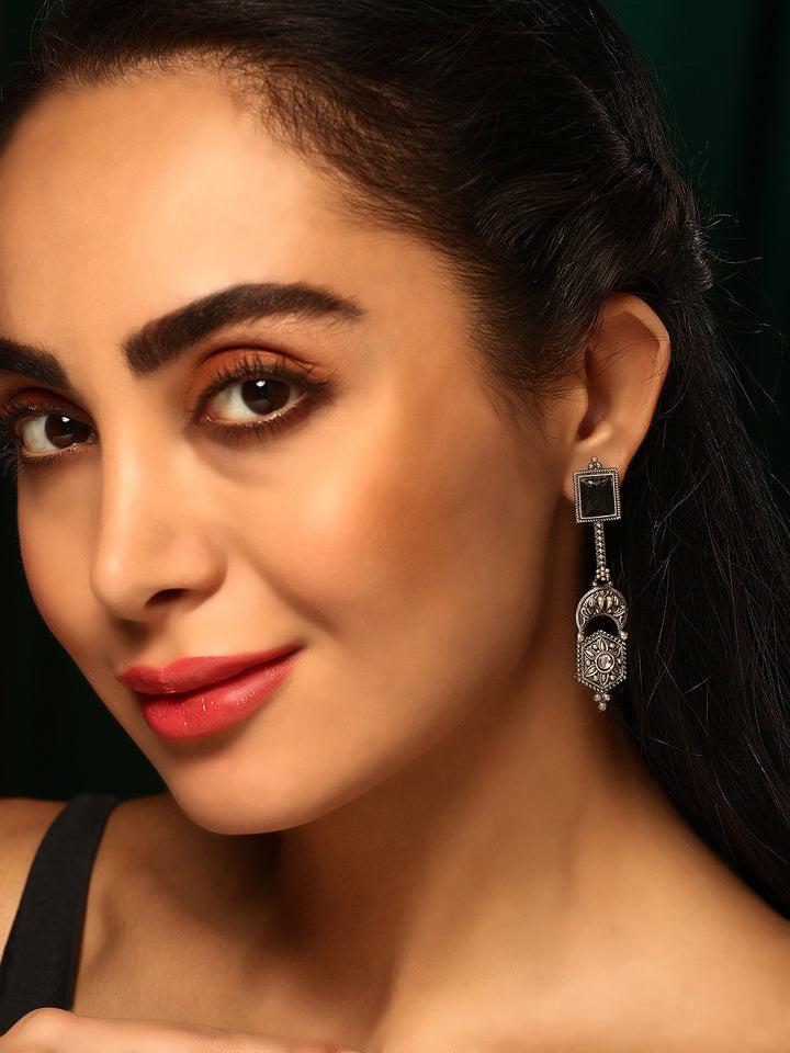 Priyaasi Silver Plated Black Stonned Oxidized Drop Earrings