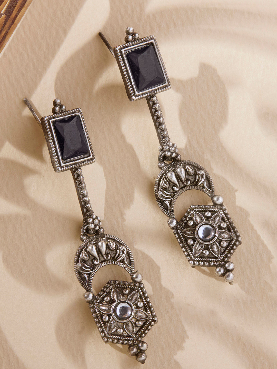 Priyaasi Silver Plated Black Stonned Oxidized Drop Earrings