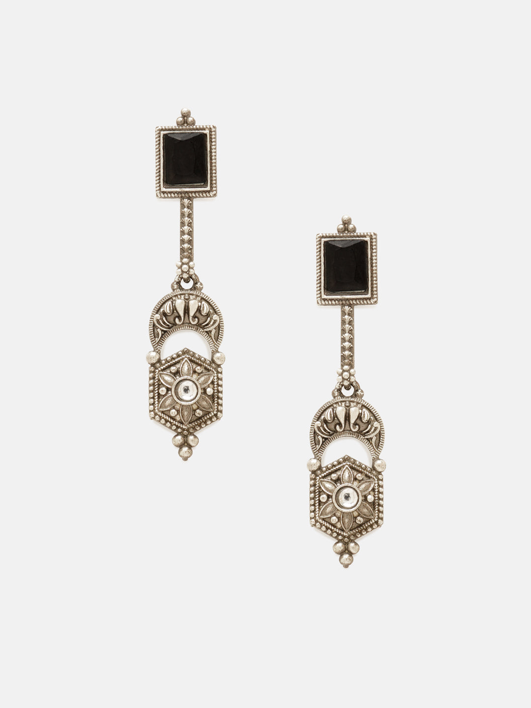 Priyaasi Silver Plated Black Stonned Oxidized Drop Earrings