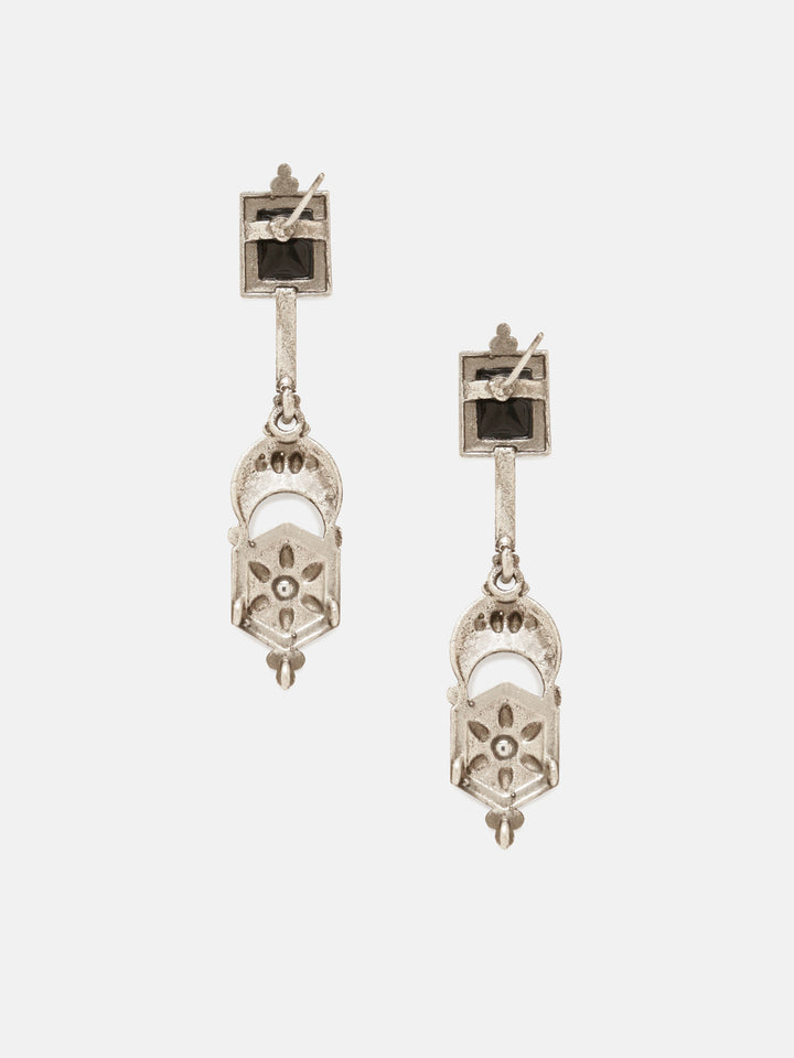 Priyaasi Silver Plated Black Stonned Oxidized Drop Earrings