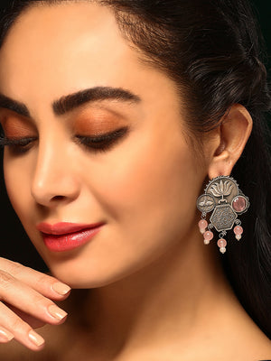 Priyaasi Silver Plated Pink Oxidized Crystal Drop Earrings