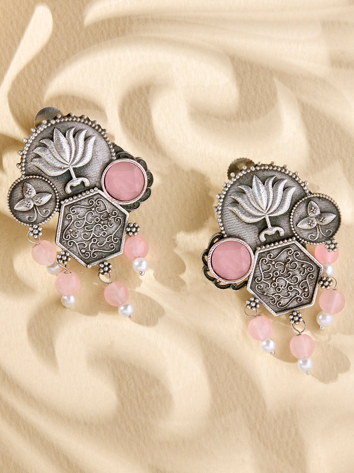 Priyaasi Silver Plated Pink Oxidized Crystal Drop Earrings