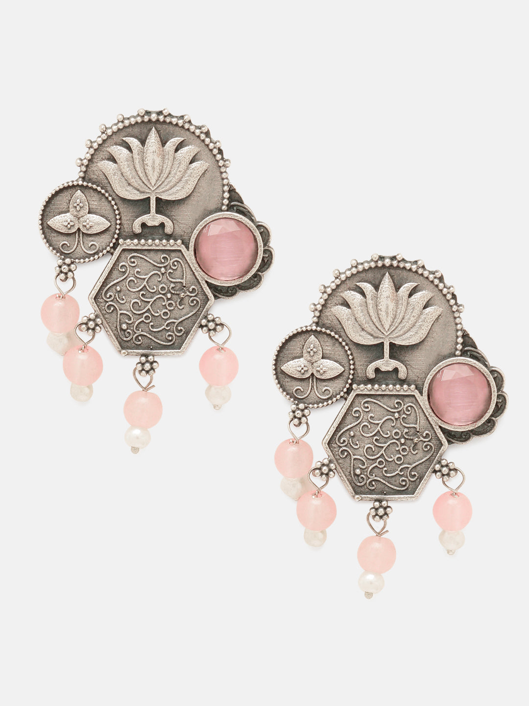 Priyaasi Silver Plated Pink Oxidized Crystal Drop Earrings