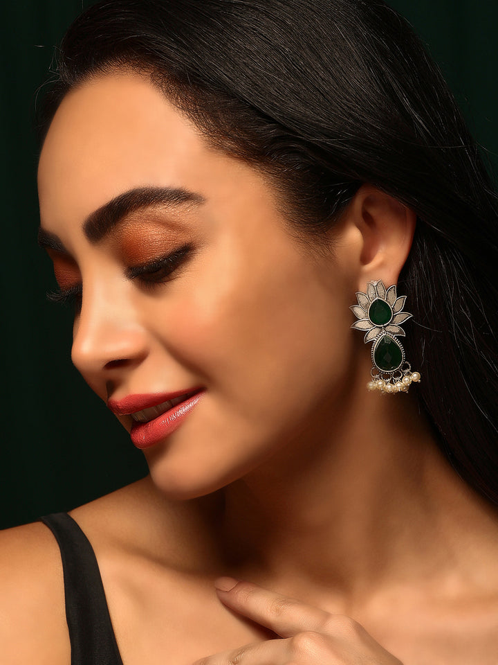 Priyaasi Silver Plated Green Oxidized Emarld Drop Earrings