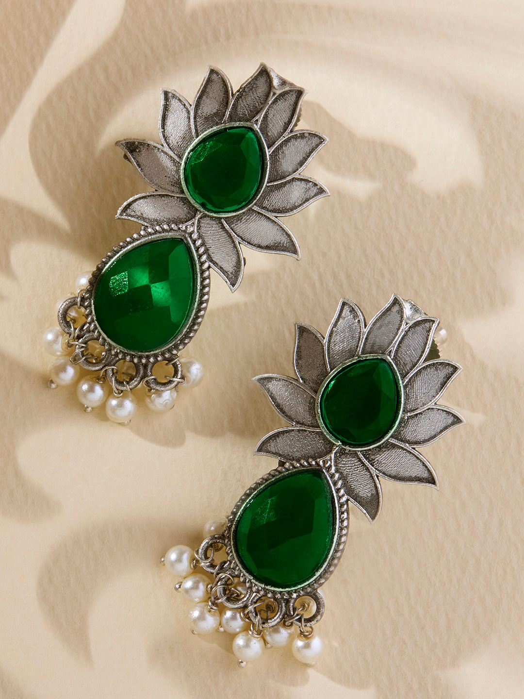 Priyaasi Silver Plated Green Oxidized Emarld Drop Earrings