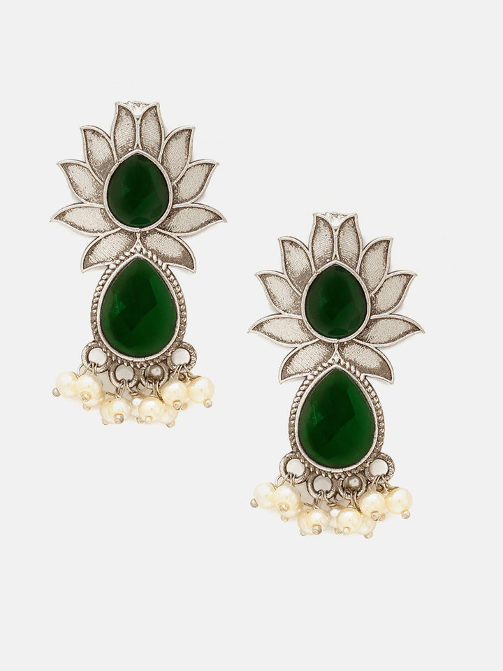 Priyaasi Silver Plated Green Oxidized Emarld Drop Earrings