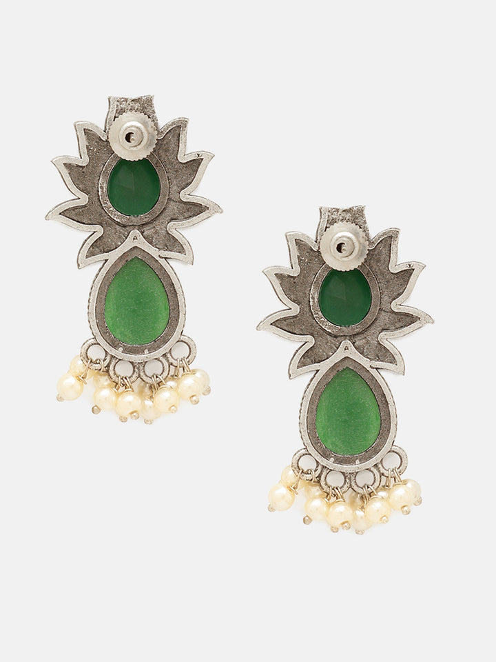 Priyaasi Silver Plated Green Oxidized Emarld Drop Earrings