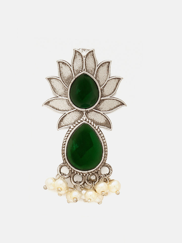 Priyaasi Silver Plated Green Oxidized Emarld Drop Earrings