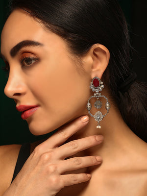 Priyaasi Silver Plated Red Ruby Oxidized Drop Earrings