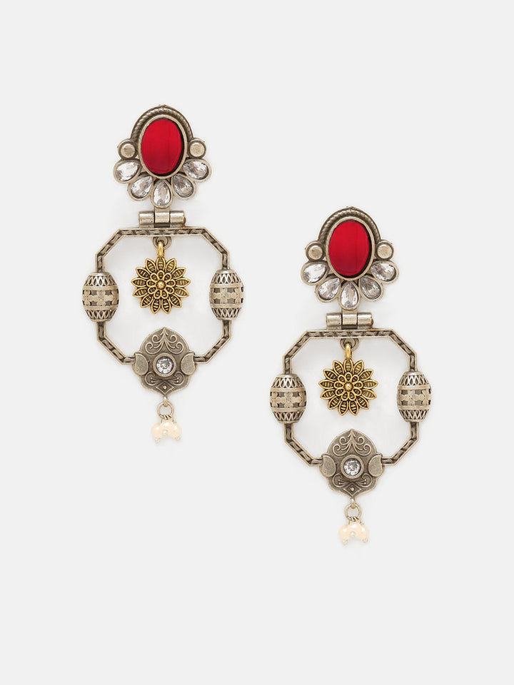 Priyaasi Silver Plated Red Ruby Oxidized Drop Earrings