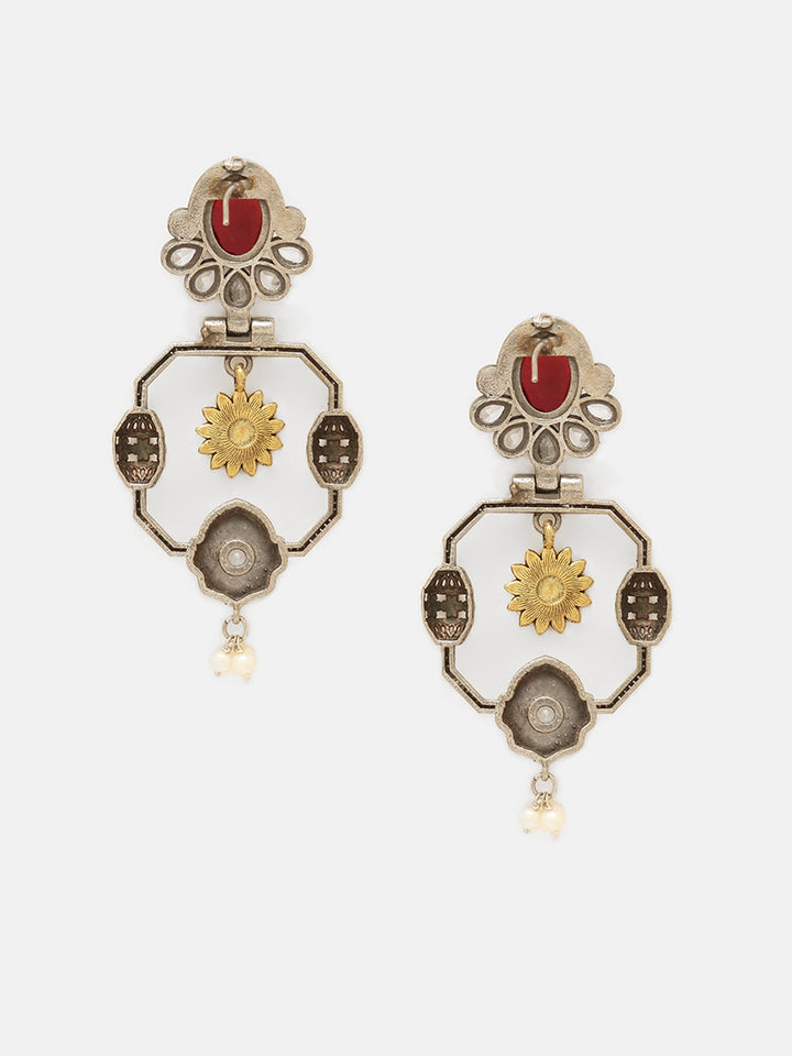 Priyaasi Silver Plated Red Ruby Oxidized Drop Earrings