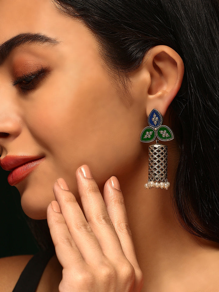 Priyaasi Silver Plated Green Oxidized Jhumka Earrings