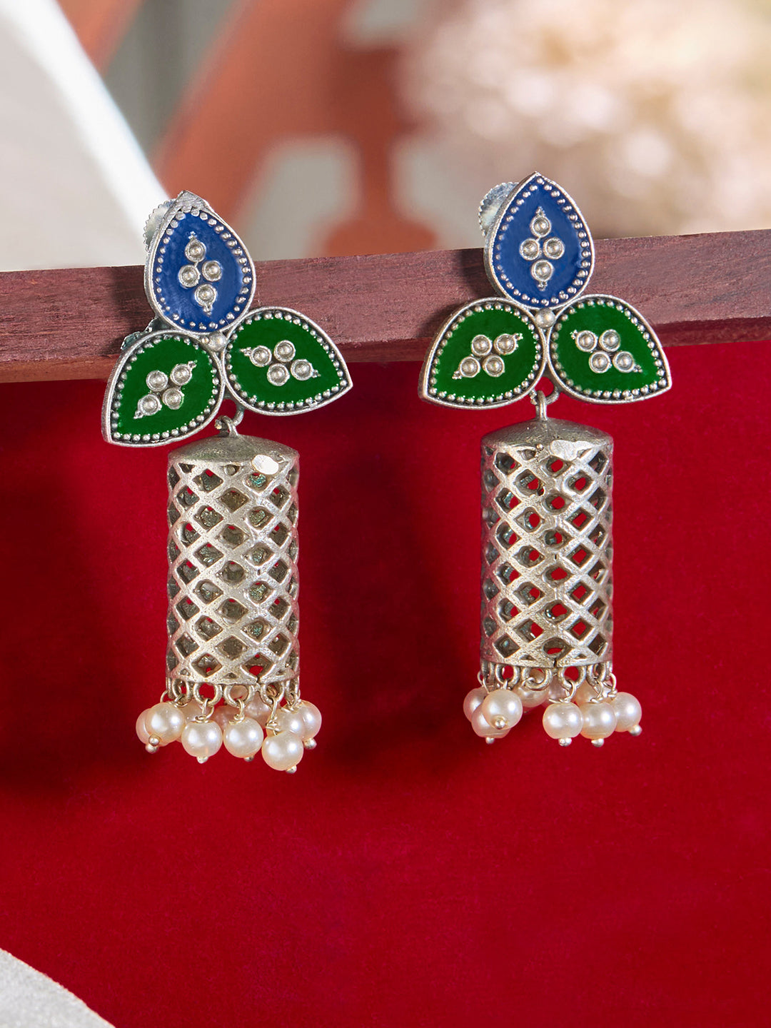 Priyaasi Silver Plated Green Oxidized Jhumka Earrings