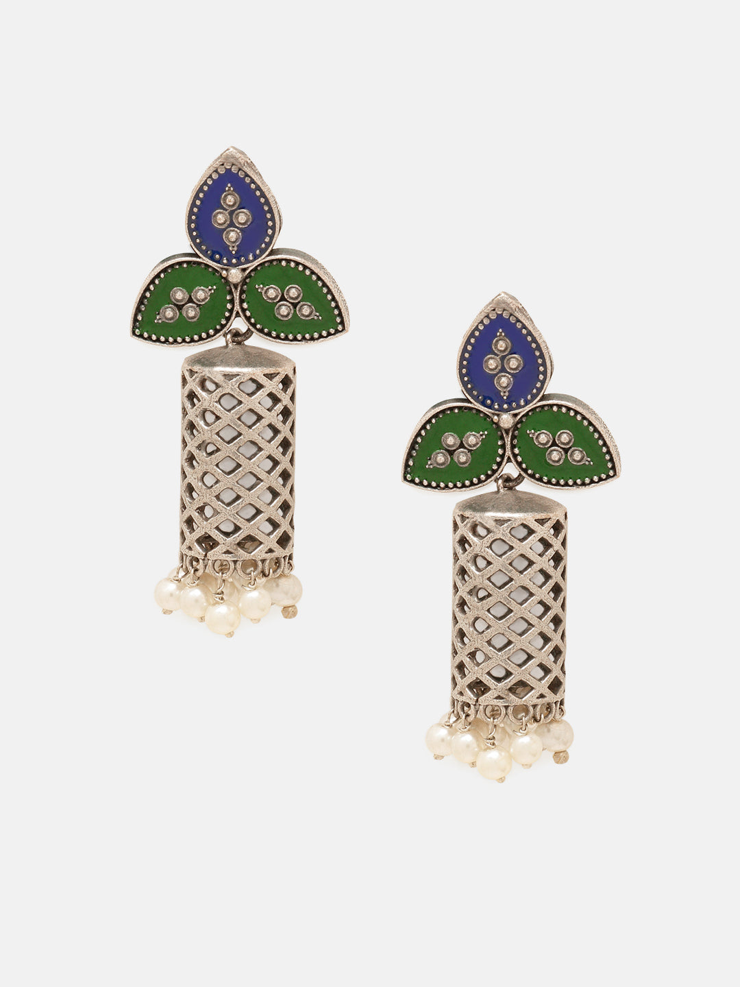 Priyaasi Silver Plated Green Oxidized Jhumka Earrings