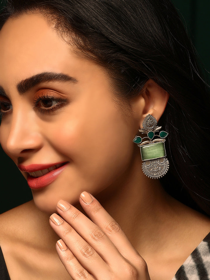 Priyaasi Silver Plated Green Onyx Oxidized Chandbali Earrings