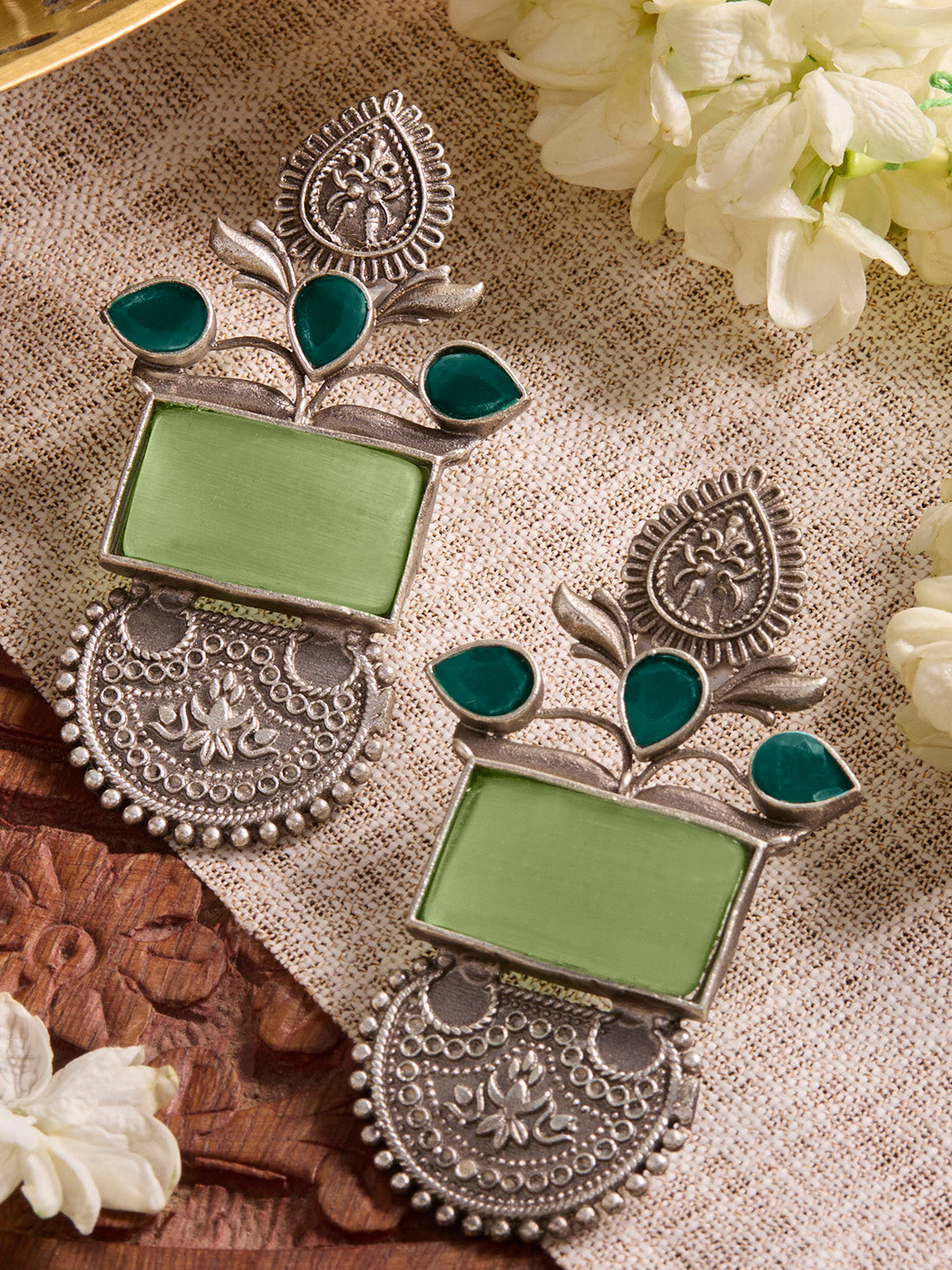 Priyaasi Silver Plated Green Onyx Oxidized Chandbali Earrings