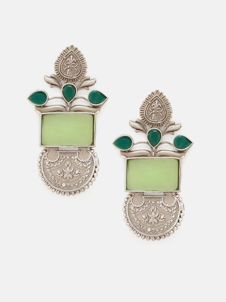 Priyaasi Silver Plated Green Onyx Oxidized Chandbali Earrings