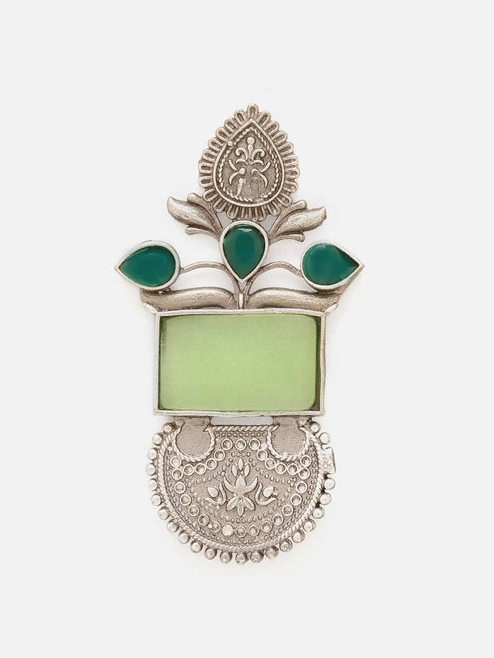 Priyaasi Silver Plated Green Onyx Oxidized Chandbali Earrings