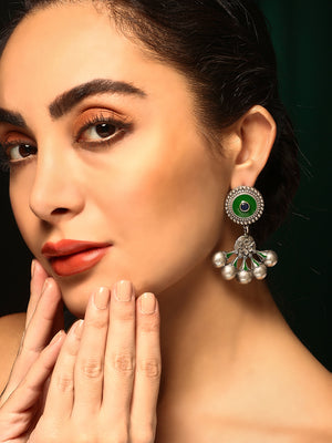 Priyaasi Silver Plated Green Oxidized Drop Earrings