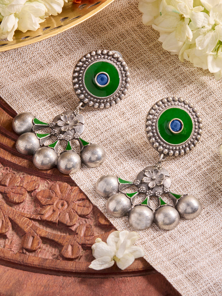 Priyaasi Silver Plated Green Oxidized Drop Earrings