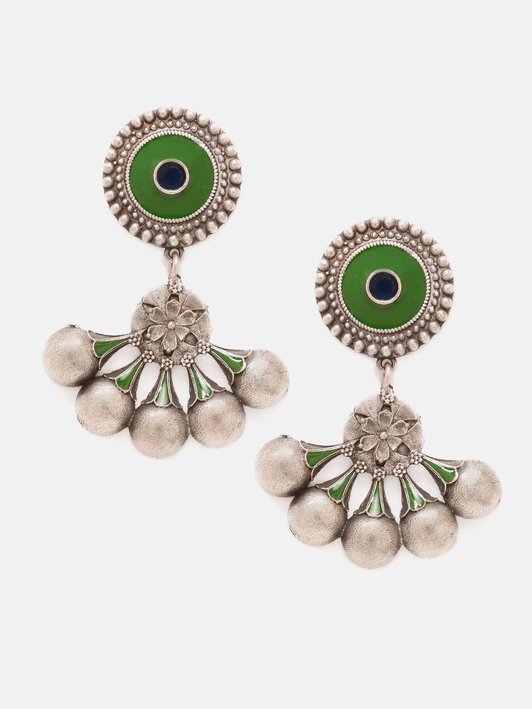 Priyaasi Silver Plated Green Oxidized Drop Earrings