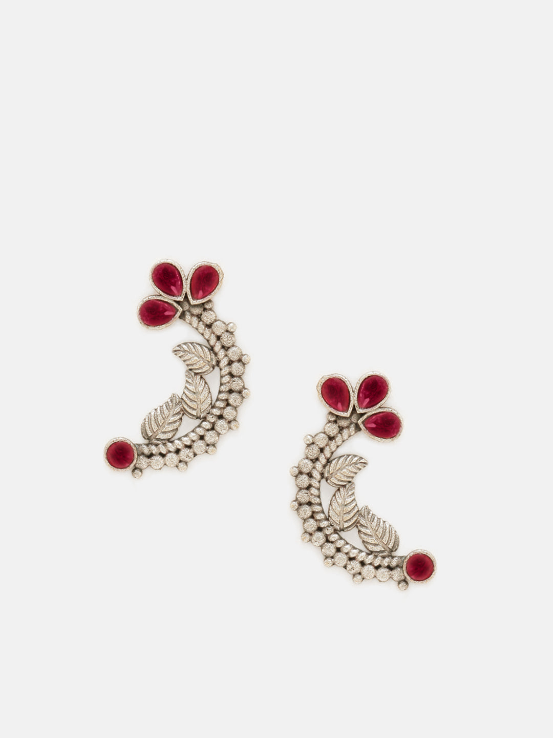 Priyaasi Silver Plated Red Oxidized Leaf Designed Drop Earrings