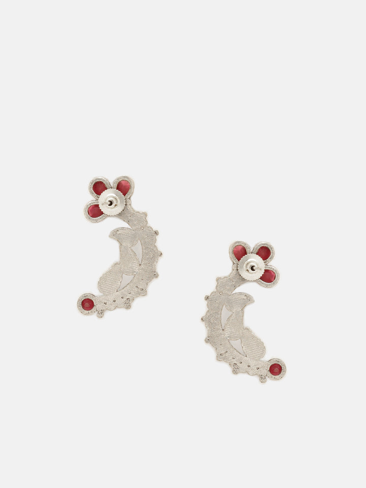 Priyaasi Silver Plated Red Oxidized Leaf Designed Drop Earrings