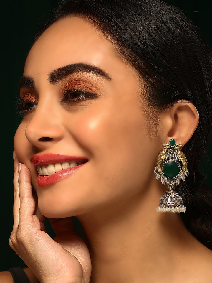 Priyaasi Gold-Silver Plated Green Emarld Jhumka Earrings