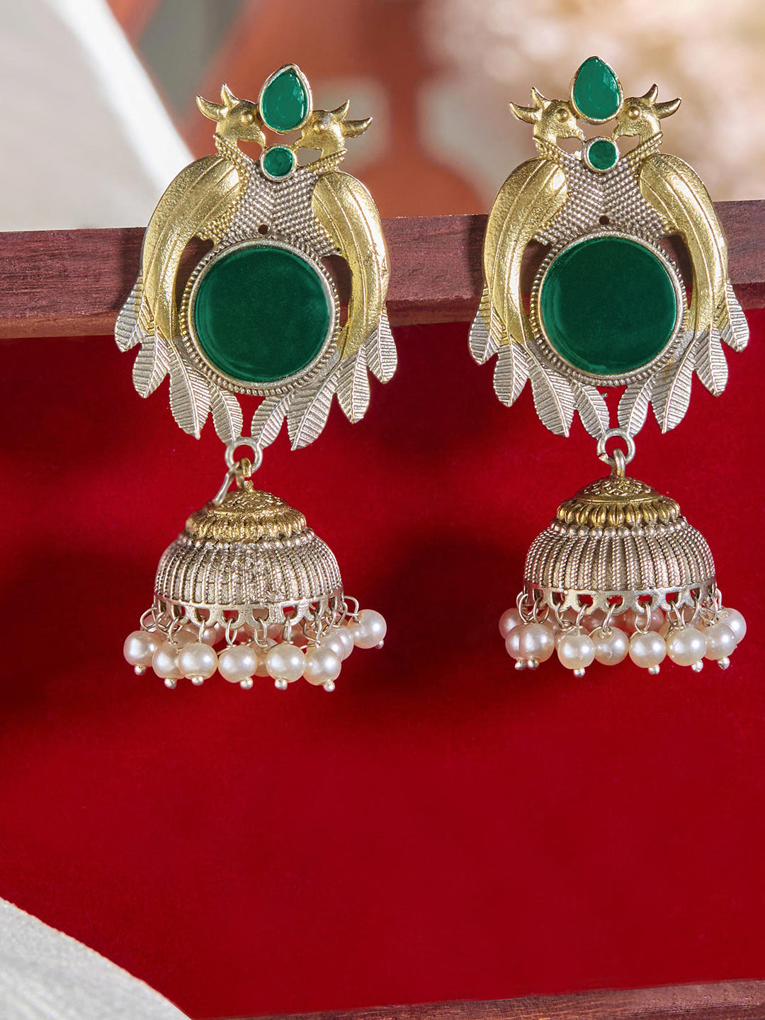 Priyaasi Gold-Silver Plated Green Emarld Jhumka Earrings