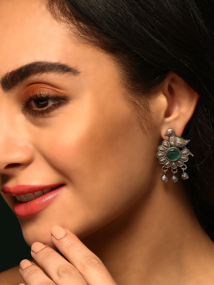 Priyaasi Silver Plated Green Oxidized Crystal Drop Earrings