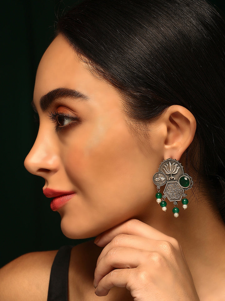 Priyaasi Silver Plated Green Oxidized Lotus Desgin Drop Earrings