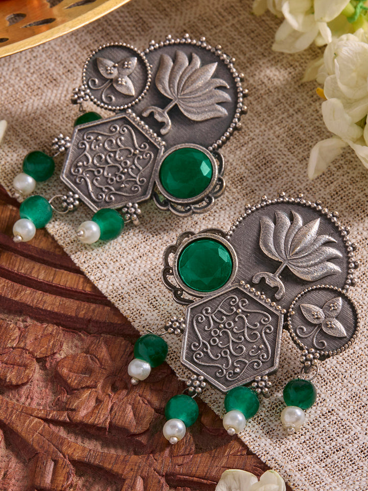 Priyaasi Silver Plated Green Oxidized Lotus Desgin Drop Earrings