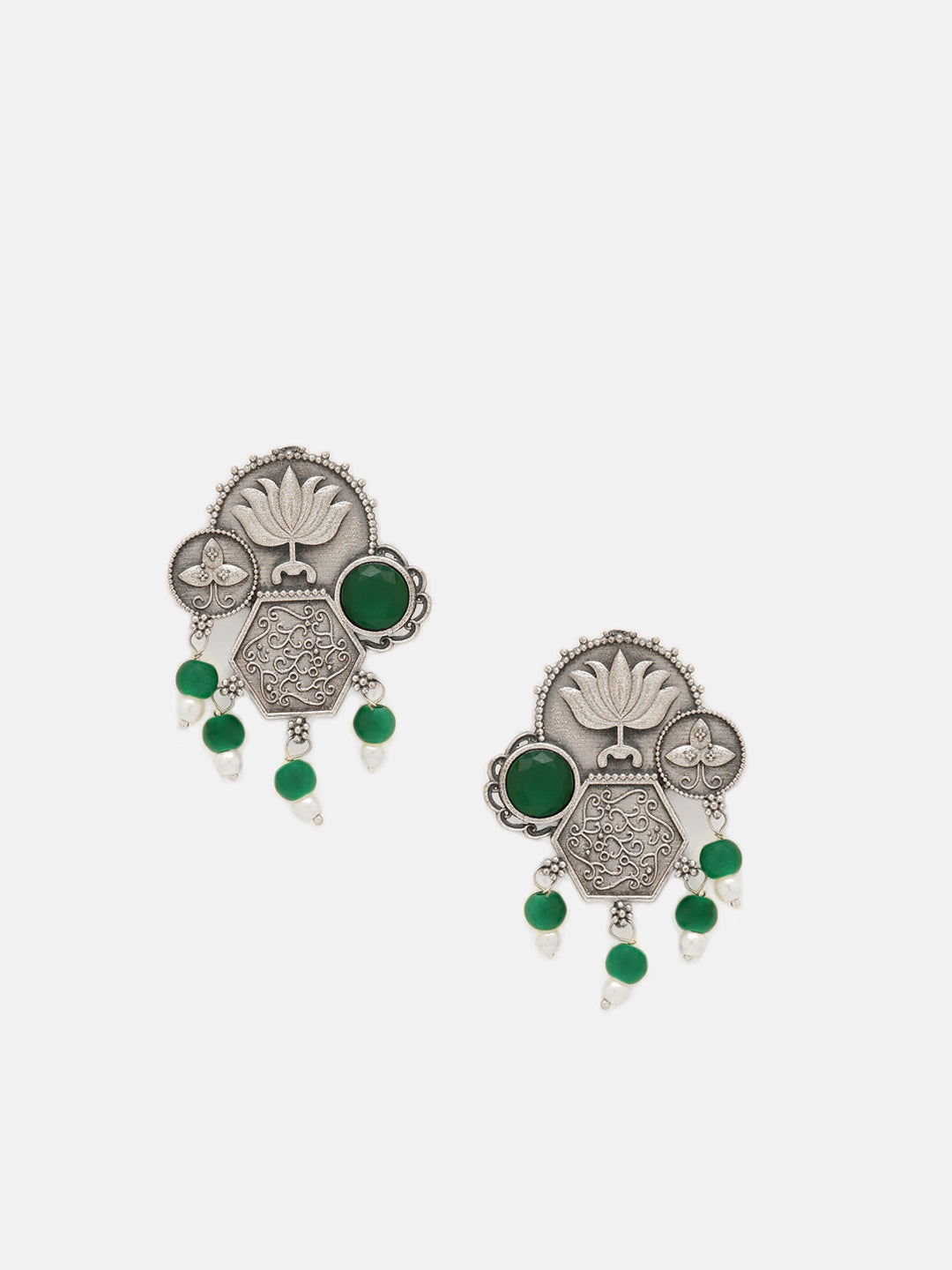 Priyaasi Silver Plated Green Oxidized Lotus Desgin Drop Earrings