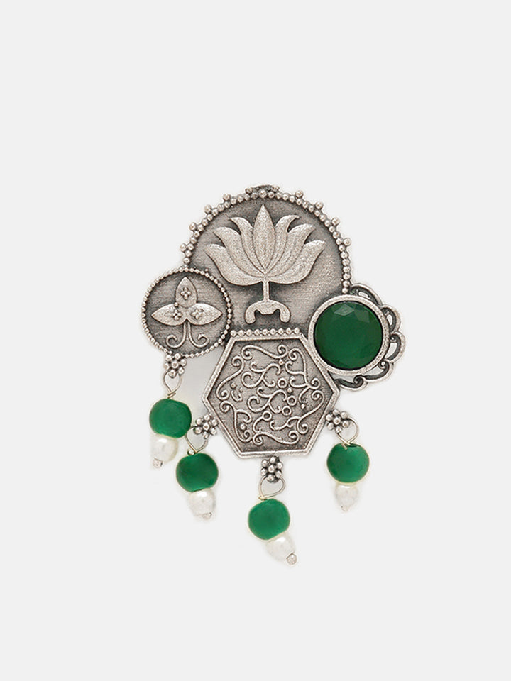 Priyaasi Silver Plated Green Oxidized Lotus Desgin Drop Earrings