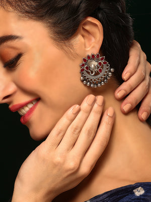 Priyaasi Silver Plated Red Ruby Oxidized Chandbali Earrings