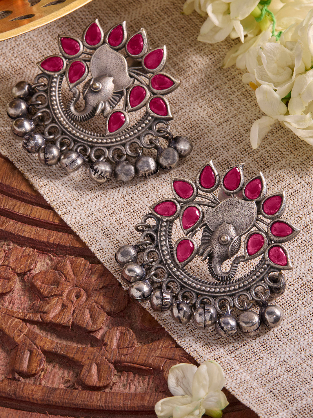 Priyaasi Silver Plated Red Ruby Oxidized Chandbali Earrings