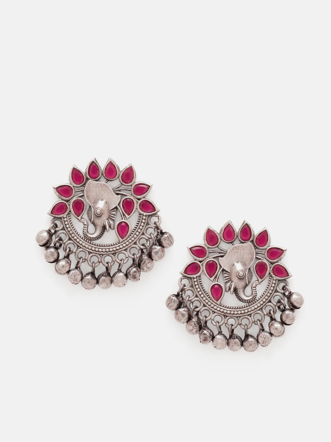 Priyaasi Silver Plated Red Ruby Oxidized Chandbali Earrings