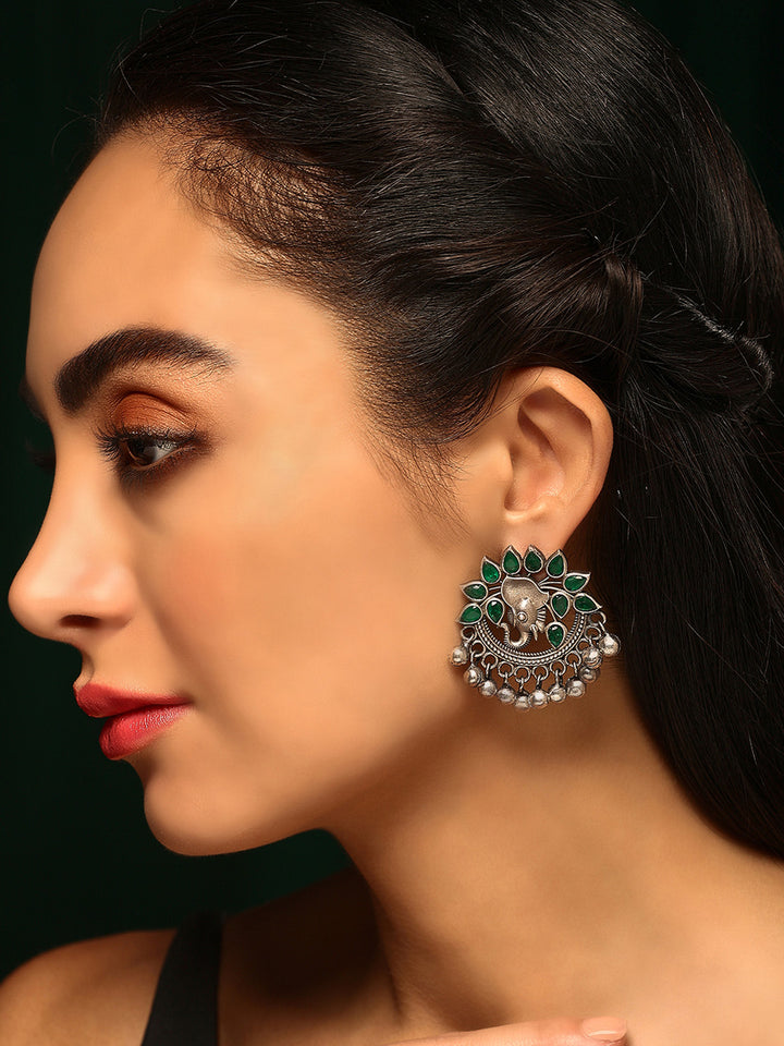 Priyaasi Silver Plated Green Emarld Oxidized Chandbali Earrings