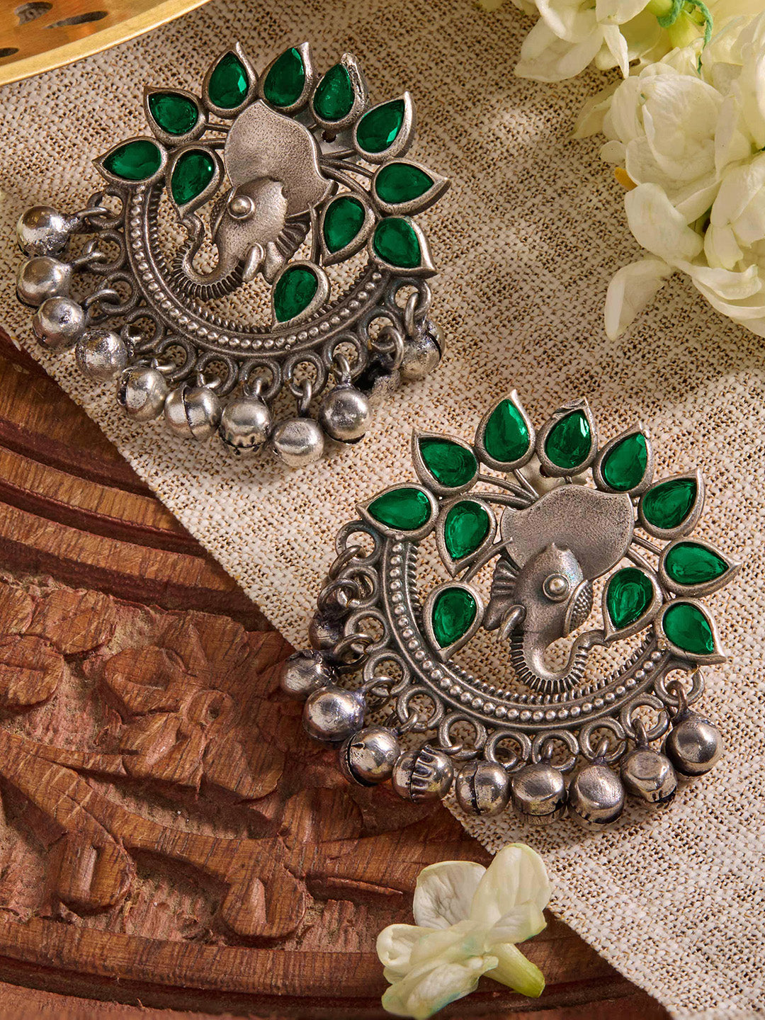 Priyaasi Silver Plated Green Emarld Oxidized Chandbali Earrings