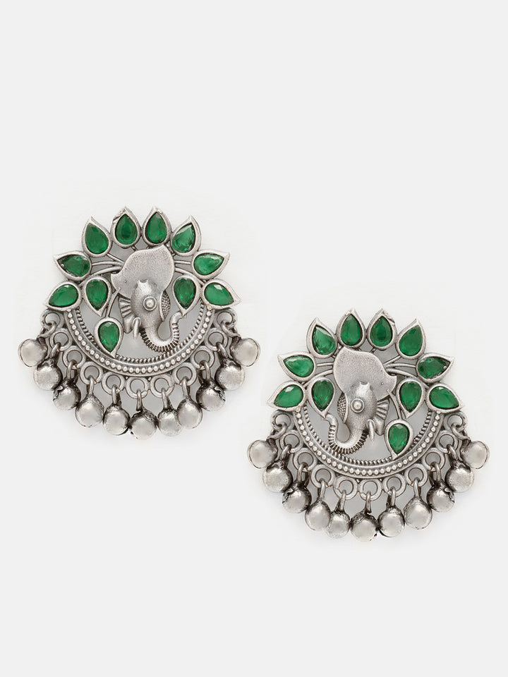 Priyaasi Silver Plated Green Emarld Oxidized Chandbali Earrings