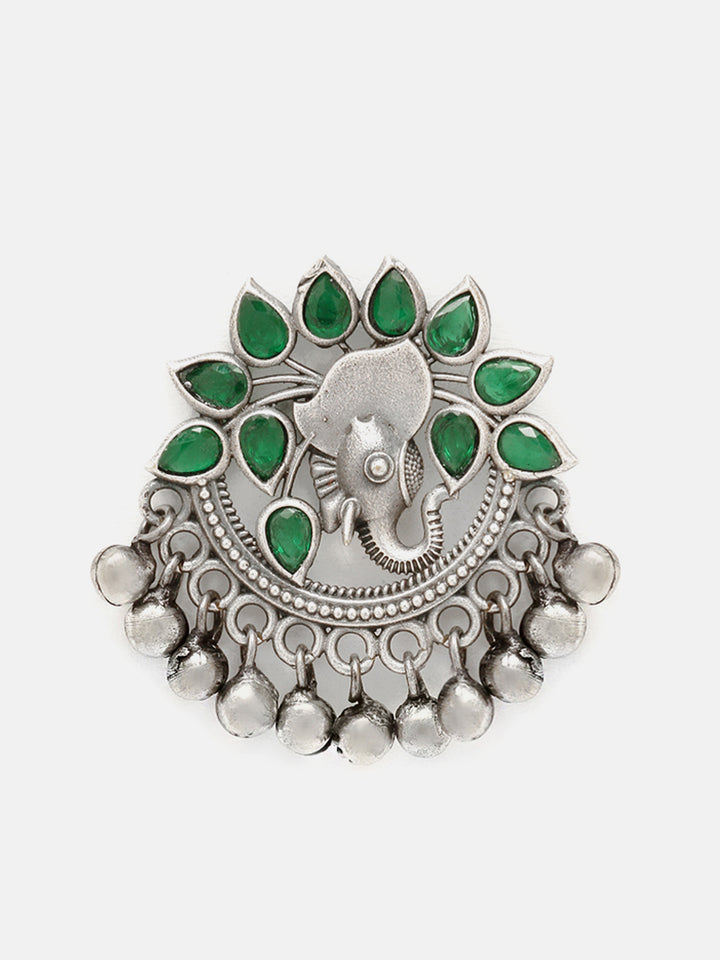 Priyaasi Silver Plated Green Emarld Oxidized Chandbali Earrings