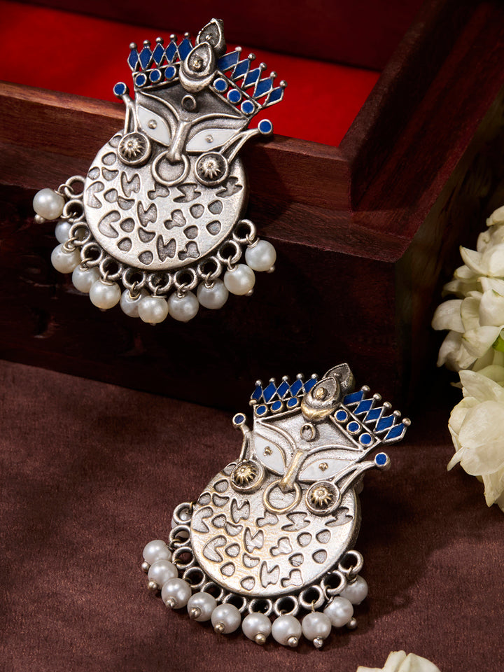 Priyaasi Silver Plated Blue Oxidized Meenakari Chandbali Earrings